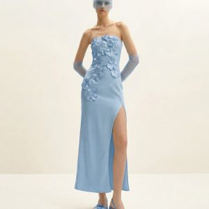 Robe longue à broderie florale - Bleu