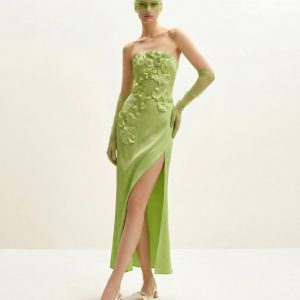 Robe longue à broderie florale - Vert