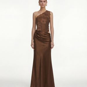 Robe en satin fleurie à une épaule - Marron