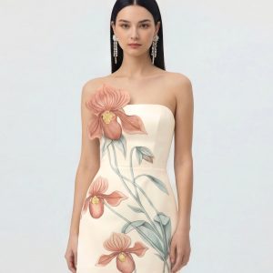 Mini-robe à appliqué d'orchidée Sabot de Vénus - Ivoire/Rose pêche