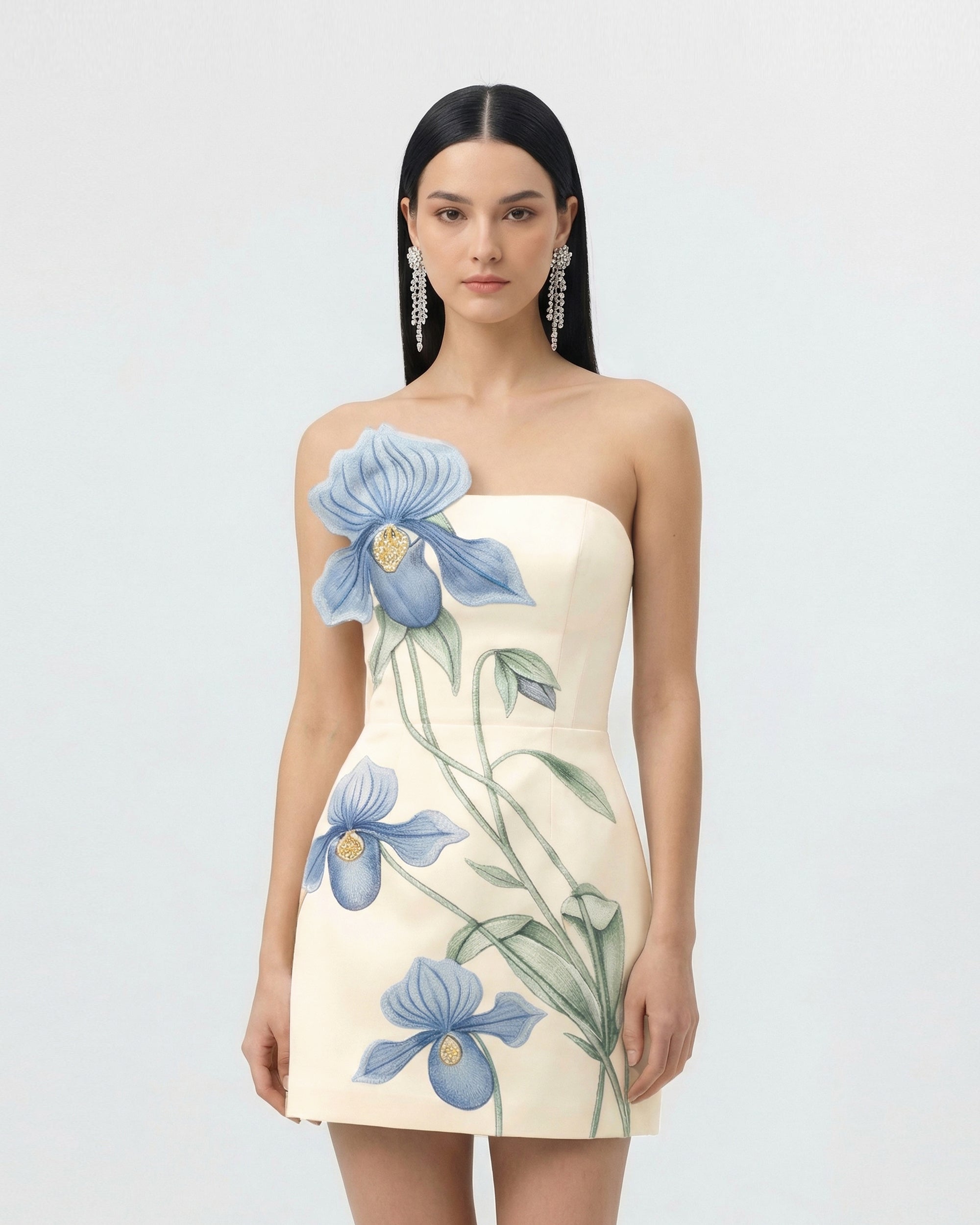 Mini-Robe Appliqué Orchidée Sabot - Ivoire/Bleu