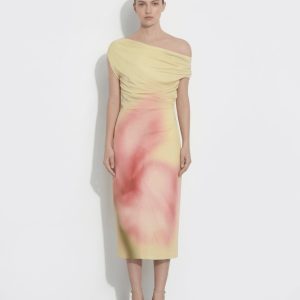 Robe midi asymétrique à une épaule à imprimé floral aquarelle - Jaune