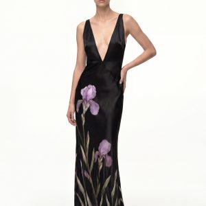 Floral Robe longue à décolleté en V profond - Noir