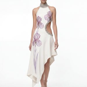 Robe à col montant ajourée avec ornements bijoux Floral - Blanc