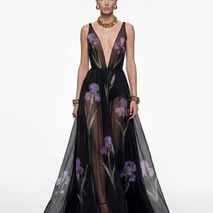 Robe maxi en voile à imprimé floral - Noir