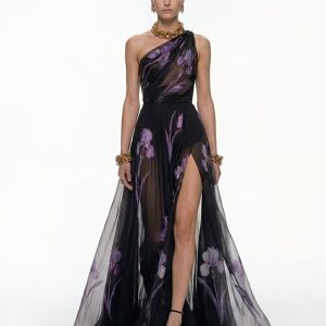 Robe maxi fleurie à une épaule - Noir