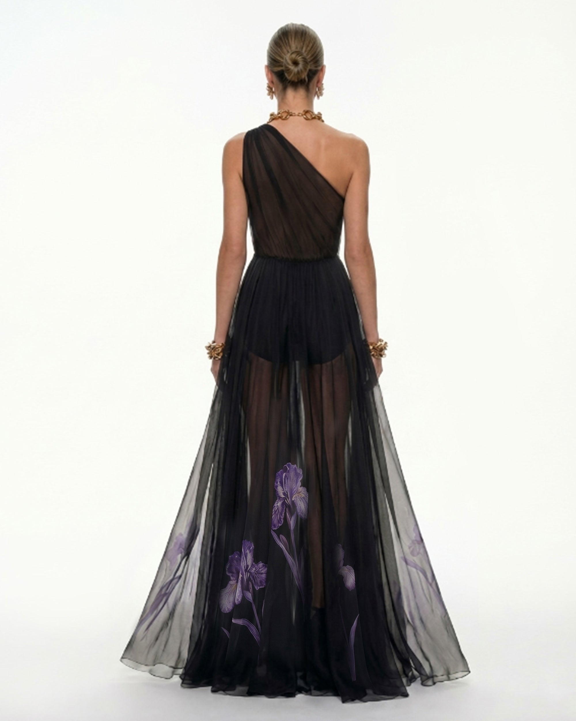 Robe maxi fleurie à une épaule - Noir – Image 2