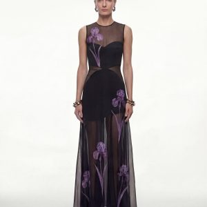 Robe maxi à empiècements en voile à imprimé floral - Noir