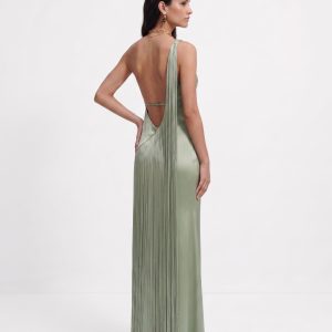 Robe longue asymétrique à franges - Vert sauge
