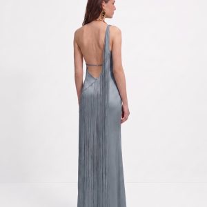 Robe longue asymétrique à franges - Bleu brume