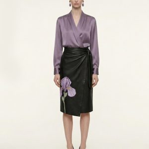 Blouse à manches longues en satin à col en V cache-cœur - Mauve poudré