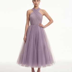 Robe mi-longue trapèze en tulle à licou croisé - Mauve poudré