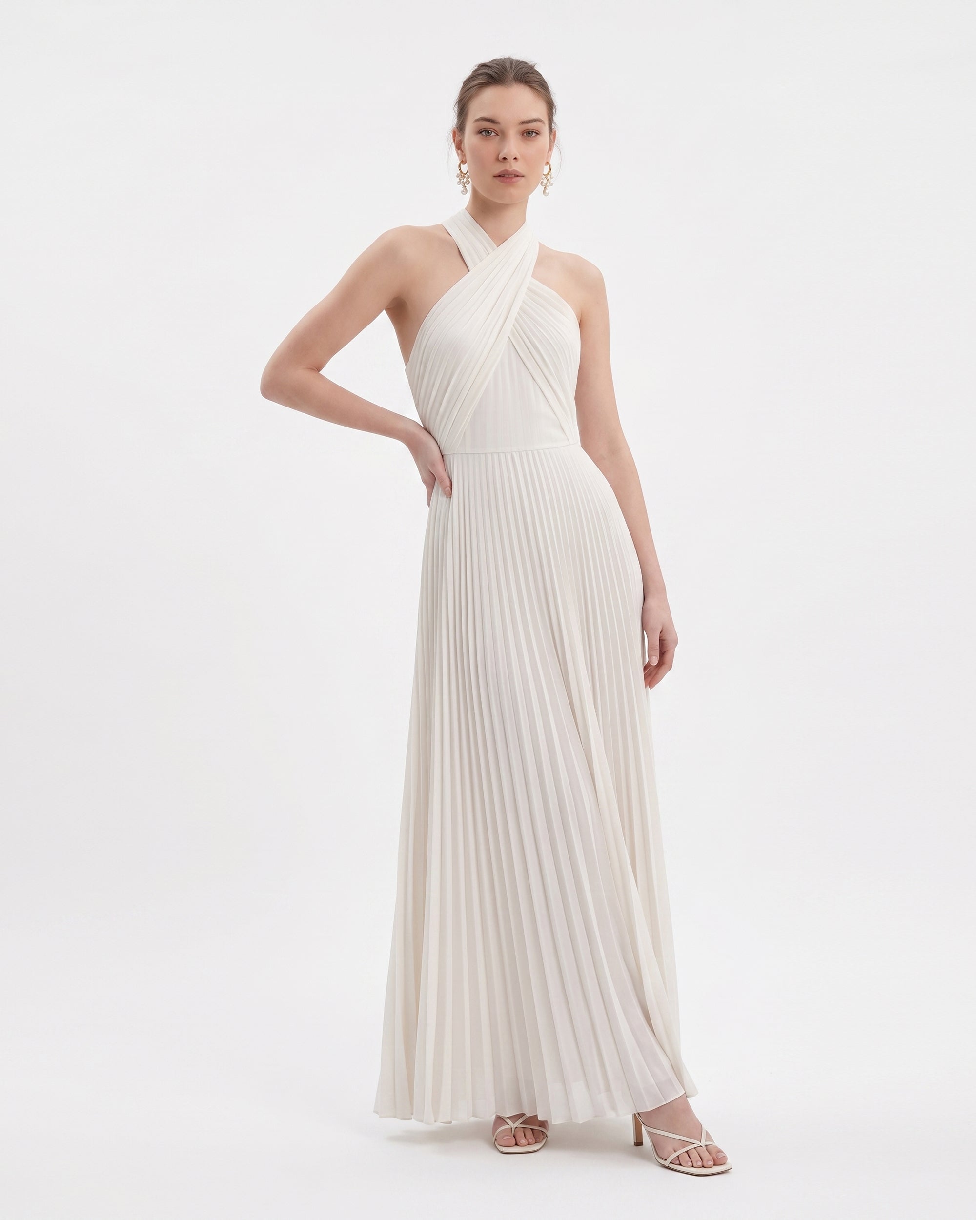 Robe longue plissée à licou croisé - Ivoire – Image 2