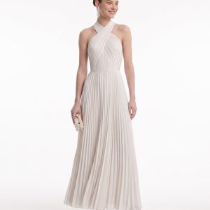 Robe longue plissée à licou croisé - Ivoire