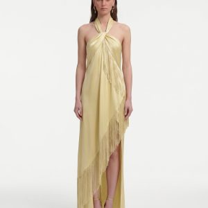 Robe longue en satin drapé à dos nu et franges - Champagne