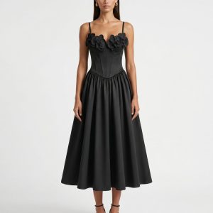 Robe longue corset à appliqué brodé orchidée - Noir