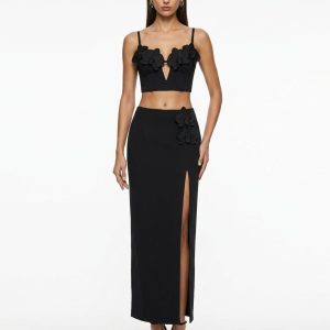 Haut bustier corset à appliqué brodé orchidée - Noir