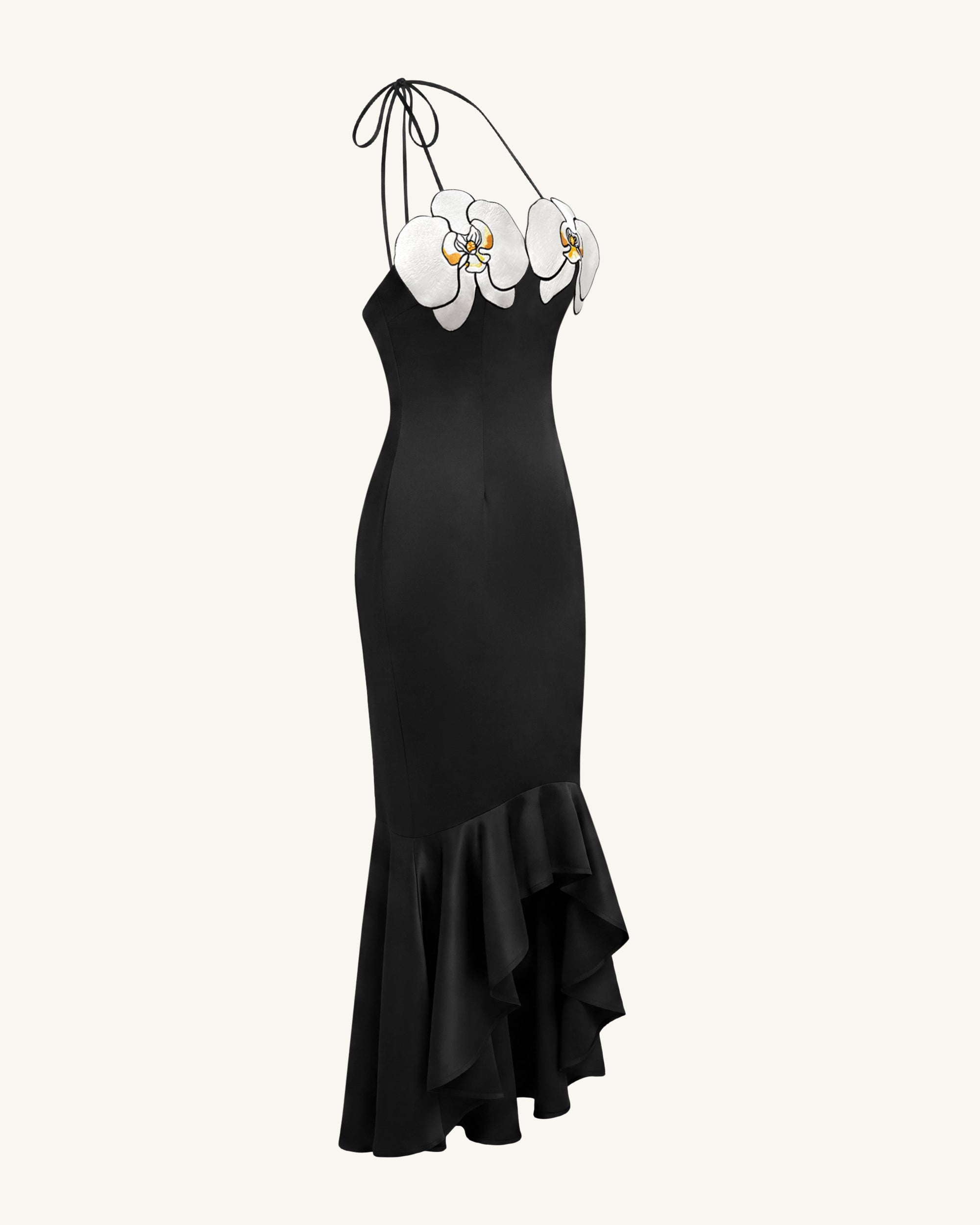 Robe midi asymétrique à broderies orchidées - Noir – Image 3