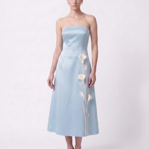 Robe midi bustier à appliqués floraux - Bleu clair
