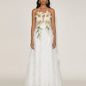 Robe longue à étages, dos nu, brodée de lys - Blanc