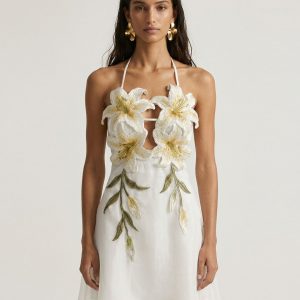 Robe courte dos nu brodée de lys - Blanc
