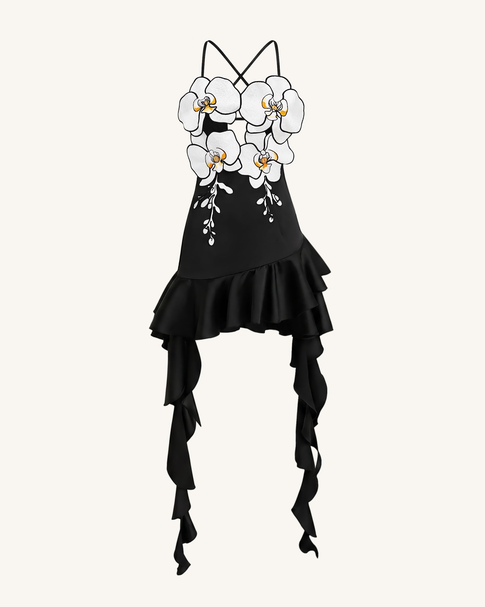 Mini-robe à volants et broderies orchidées - Noir – Image 3