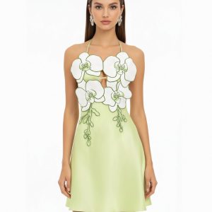 Mini-robe dos nu à broderies orchidées - Vert clair