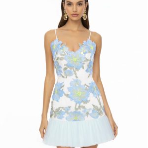 Mini robe à bretelles à fleurs - Bleu ciel