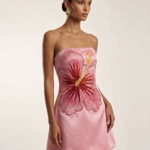 Robe courte bandeau brodée d'hibiscus - Rose