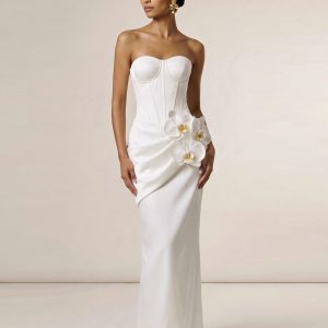Robe longue corset à ornements orchidées - Blanc