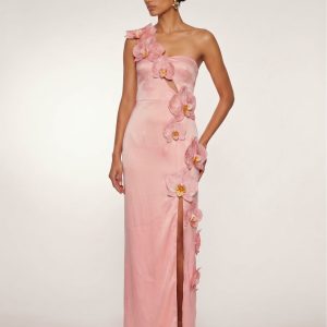 Robe longue fendue à découpes et ornements orchidées - Rose poudré