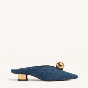 Helena Mules à bout pointu et sphère dorée - Bleu jean