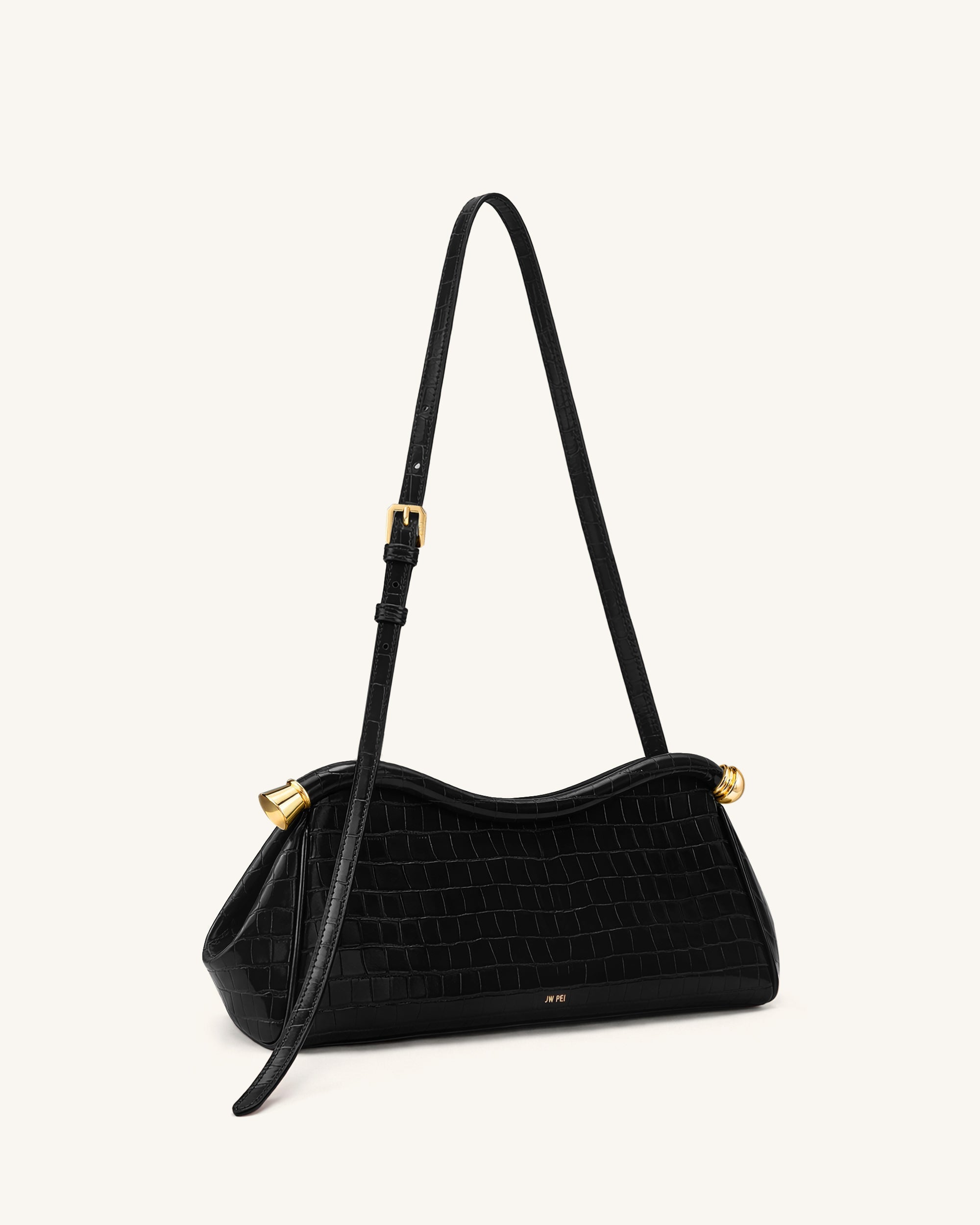 Naomi Sac à Bandoulière Incurvé - Croco Noir – Image 2