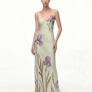 Iris Robe nuisette en satin à motifs - Vert clair/Violet