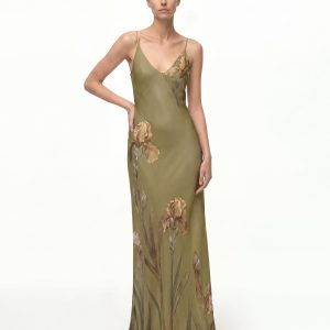 Iris Robe nuisette en satin à motifs - Vert olive