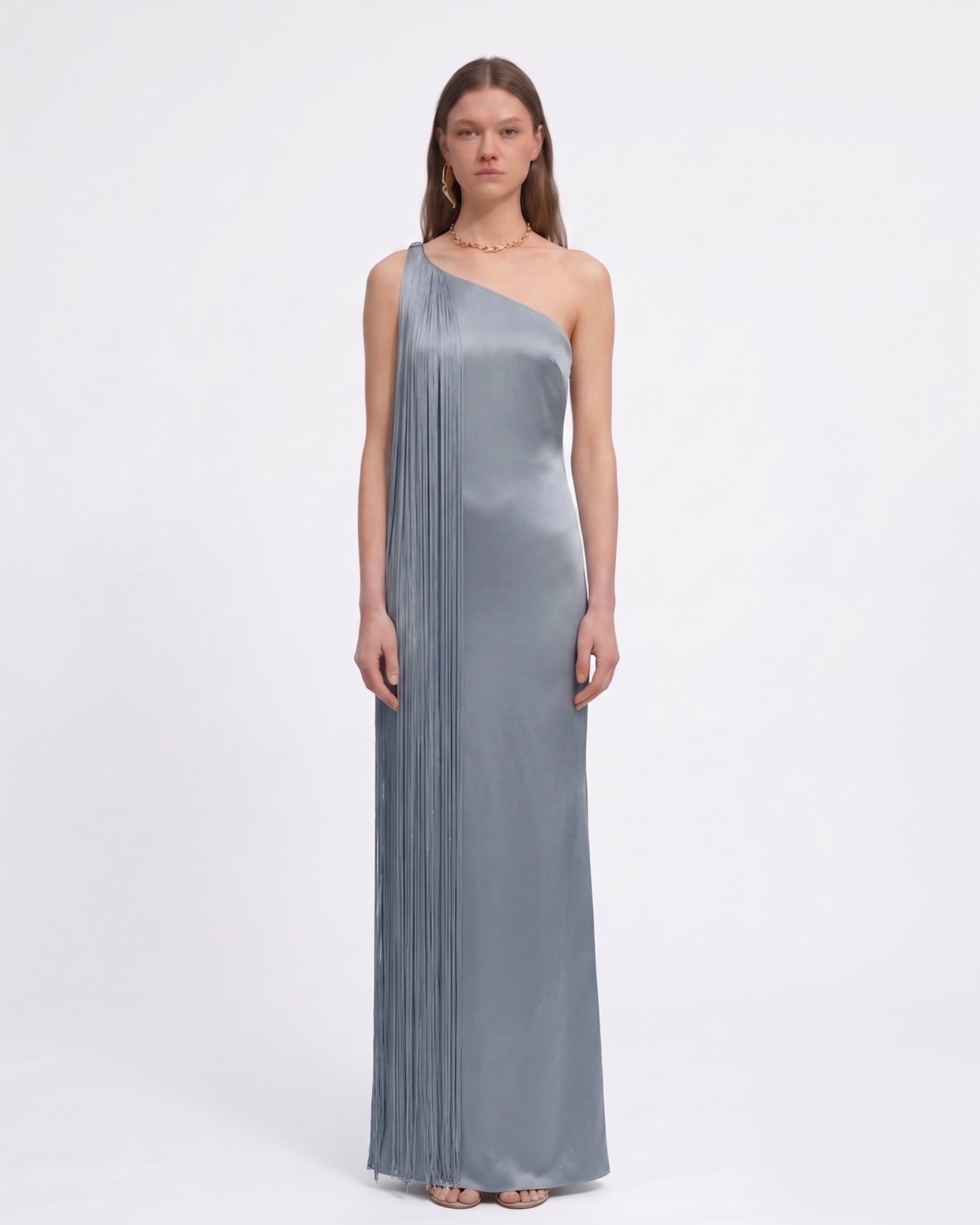 Robe longue asymétrique à franges - Bleu brume – Image 2