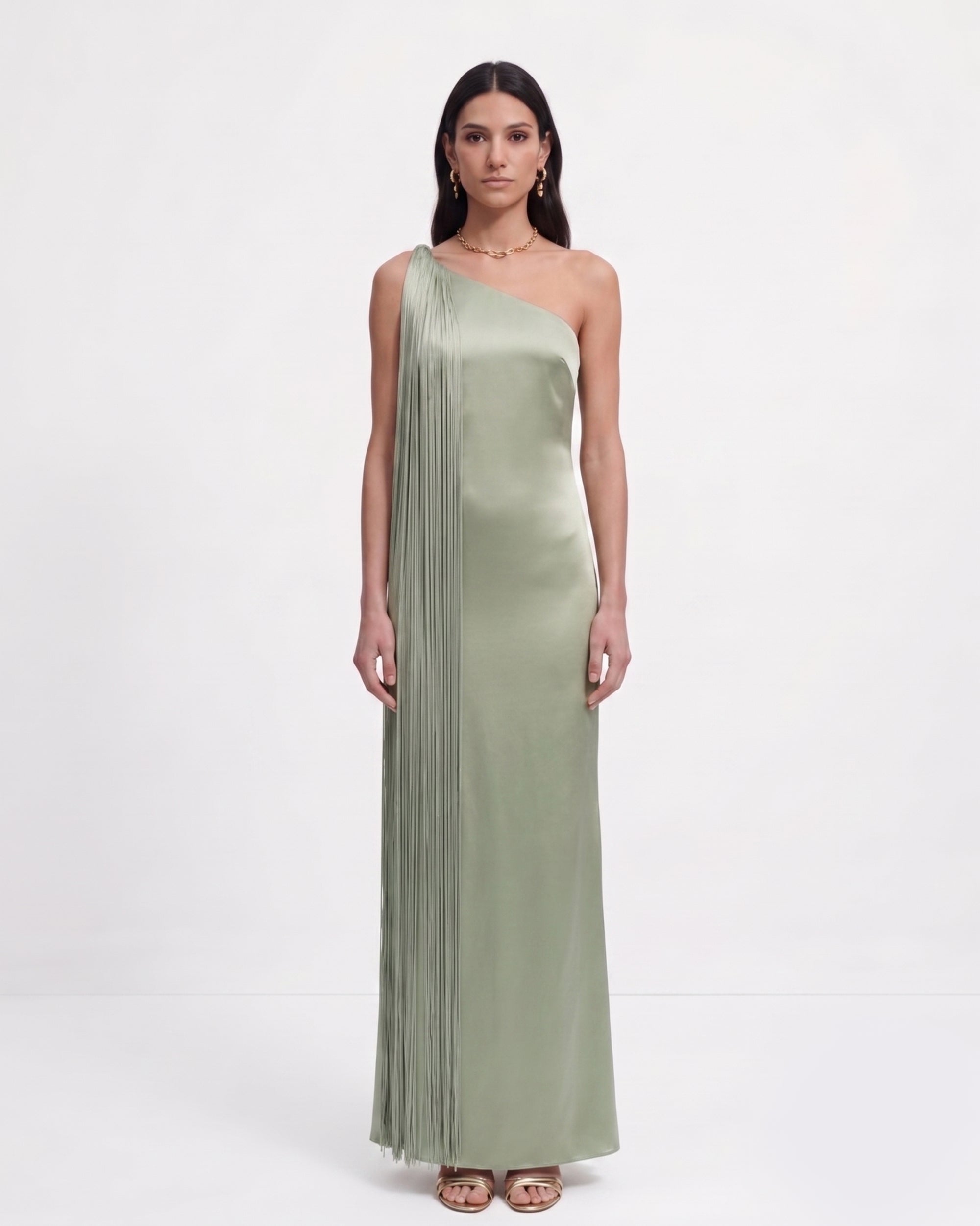 Robe longue asymétrique à franges - Vert sauge – Image 2