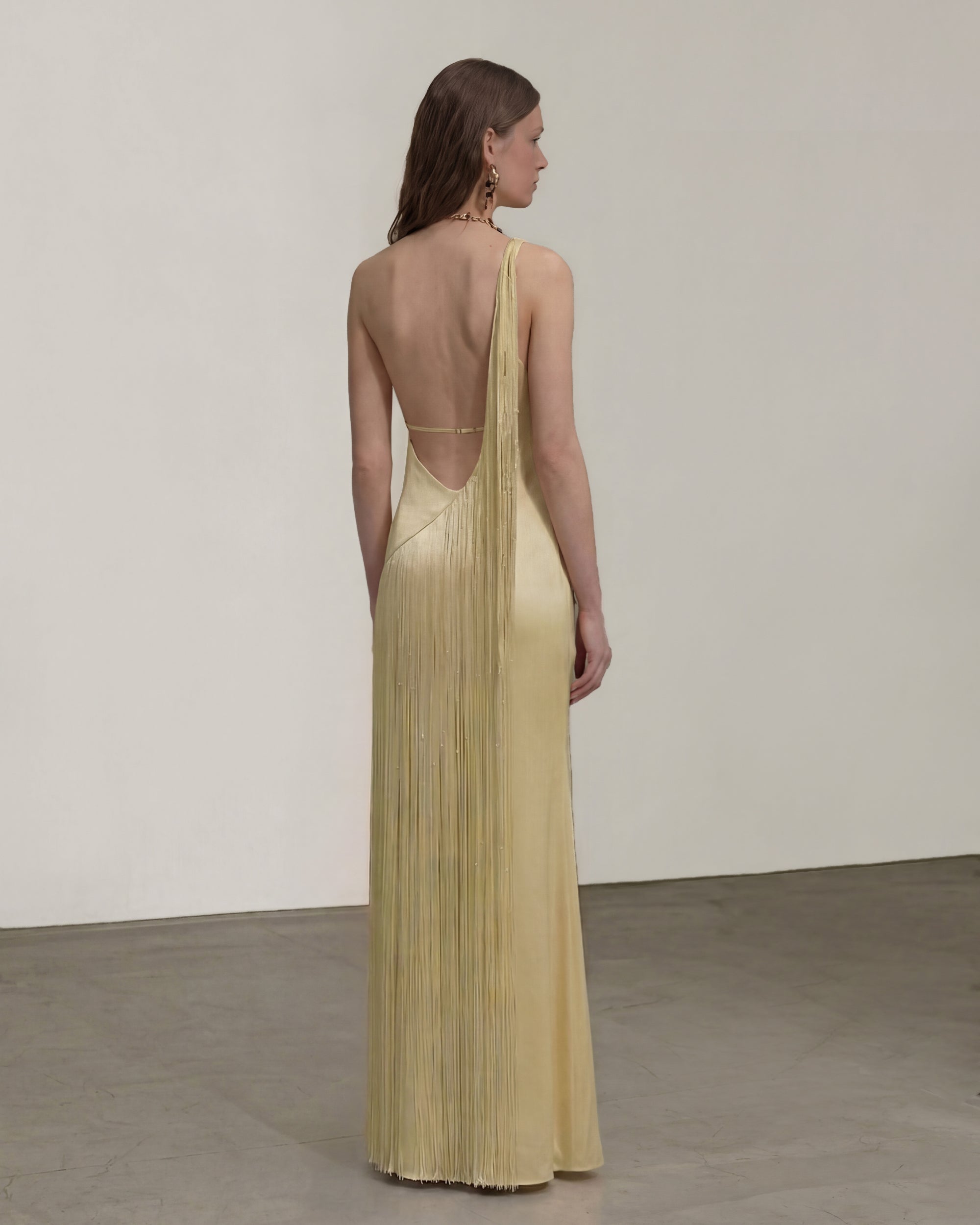Robe longue asymétrique à franges - Champagne – Image 2