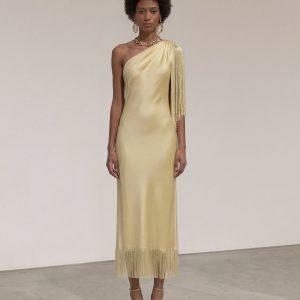 Robe midi asymétrique à franges - Champagne