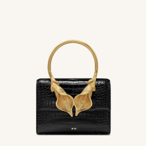Sac à main supérieur avec poignée en métal et fleur de lys calla Astrid - Croco noir